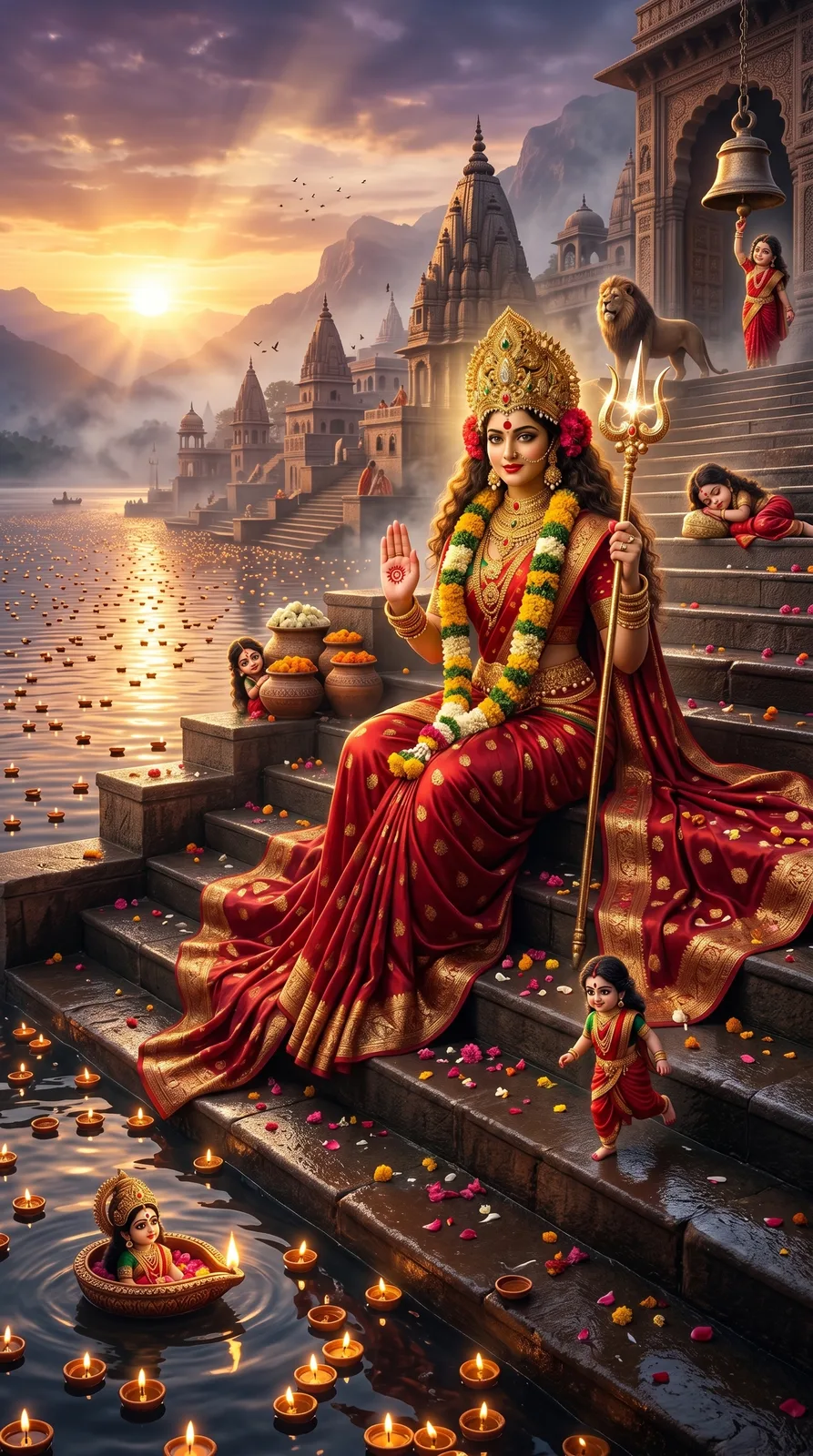 Garlanded goddess seated on riverside steps beside glowing floating diyas