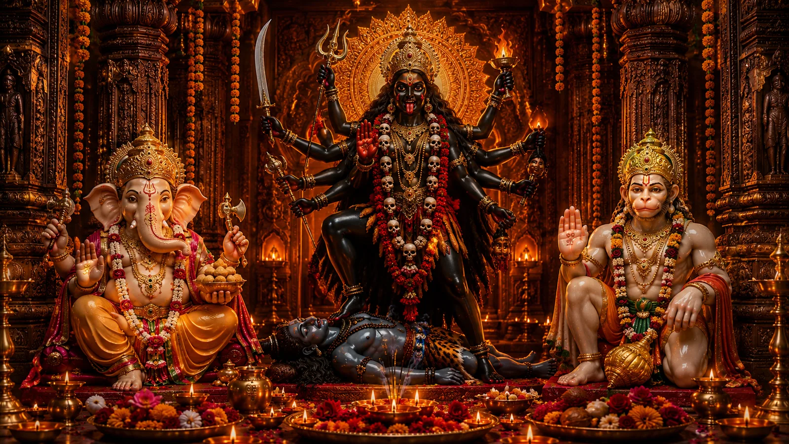 Hindu Temple Deity Maa Kali standing between Lord Ganesha and Hanuman in grand temple