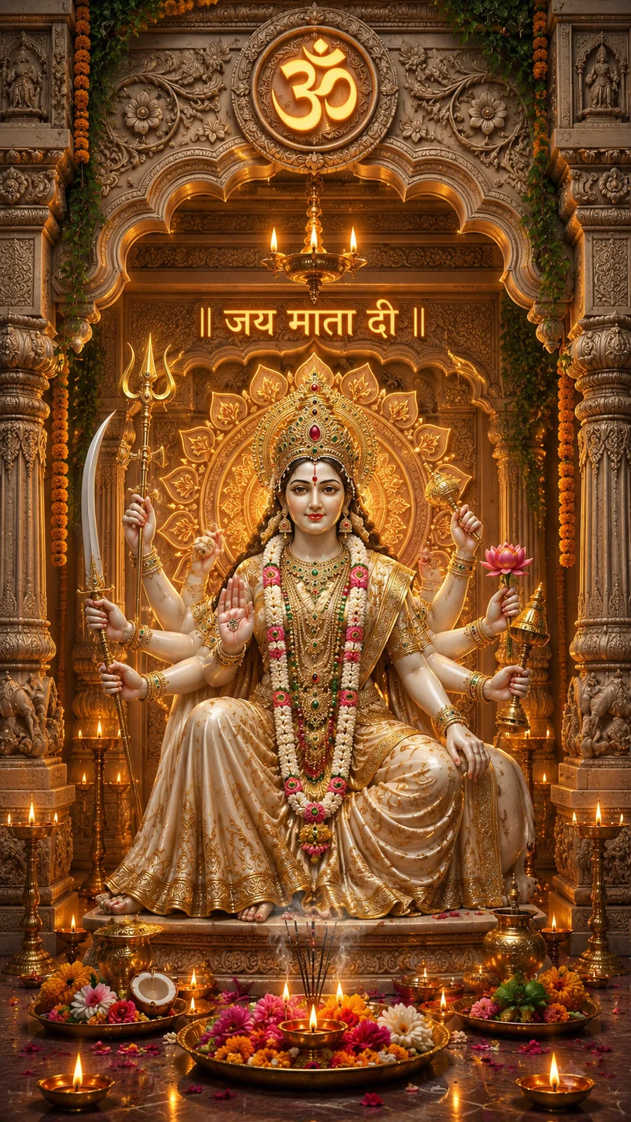 Maa Durga seated gracefully with divine aura inside ornate temple shrine