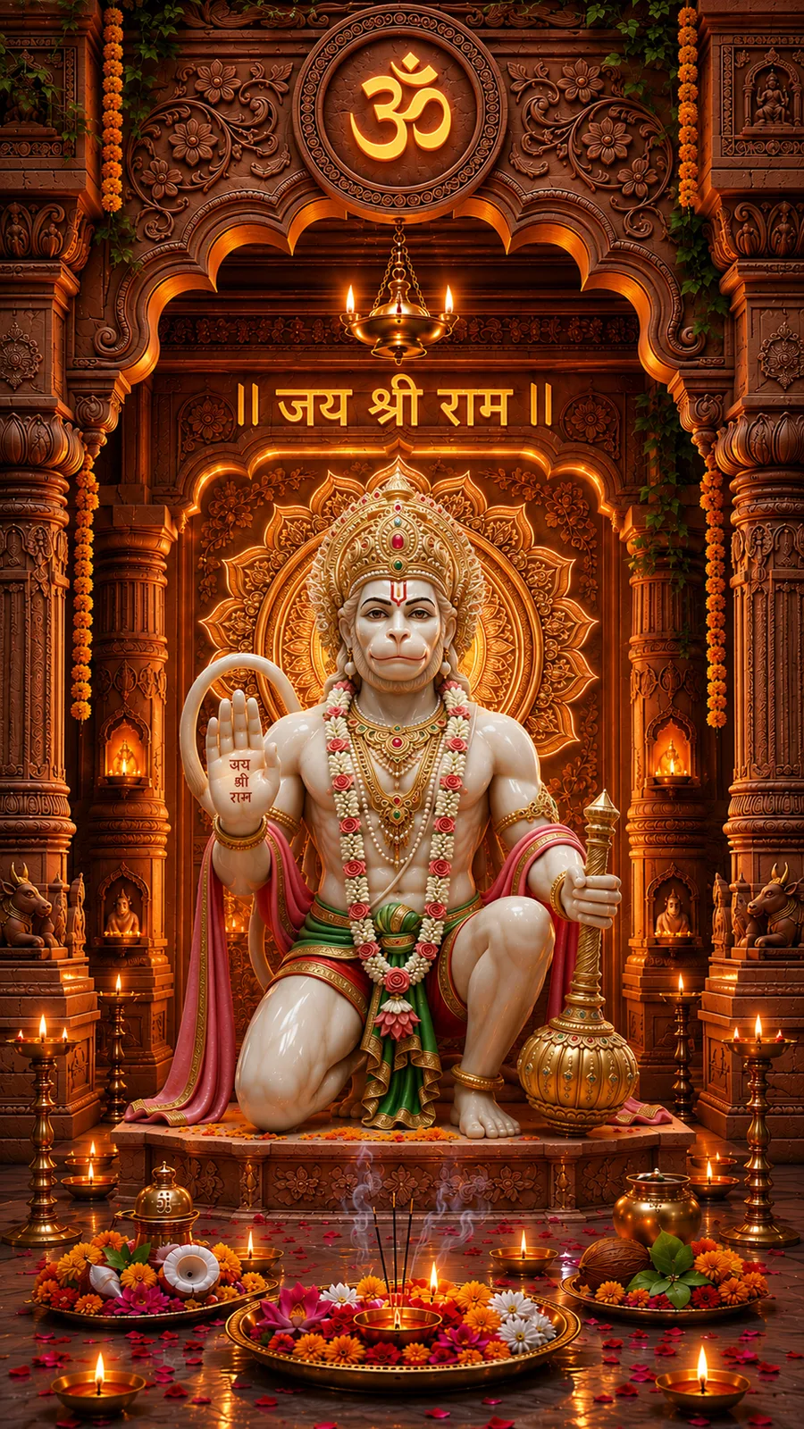 Lord Hanuman kneeling with gada in illuminated temple sanctum