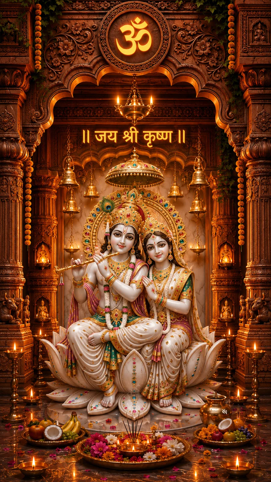 Radha Krishna seated together on lotus throne inside grand temple