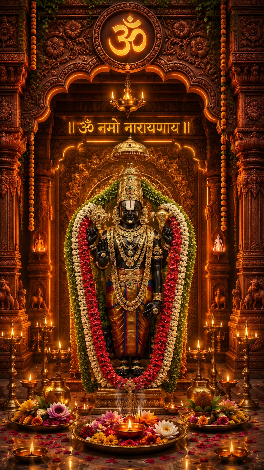Lord Venkateswara adorned with floral garlands in sacred temple setting