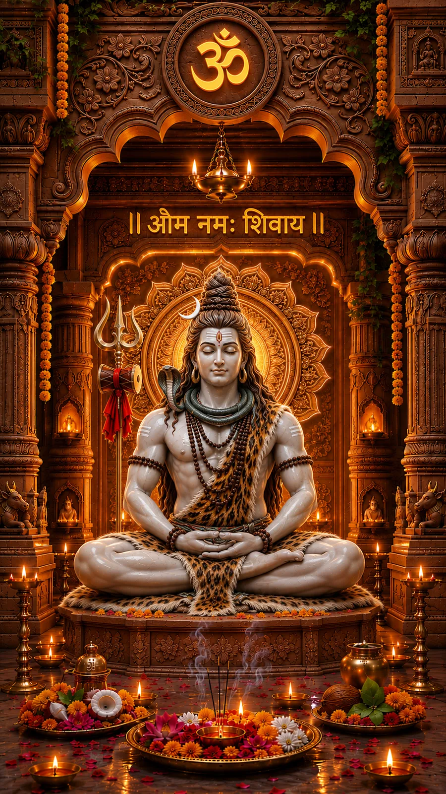 Lord Shiva meditating peacefully with trident inside glowing temple shrine