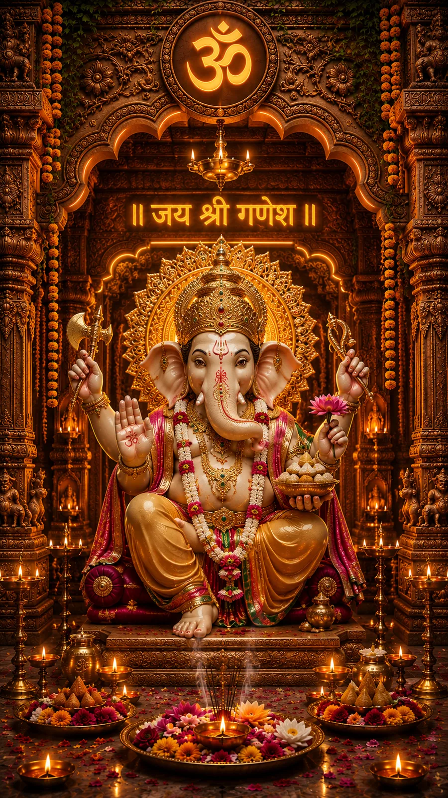 Lord Ganesha seated with lotus and modaks in ornate temple