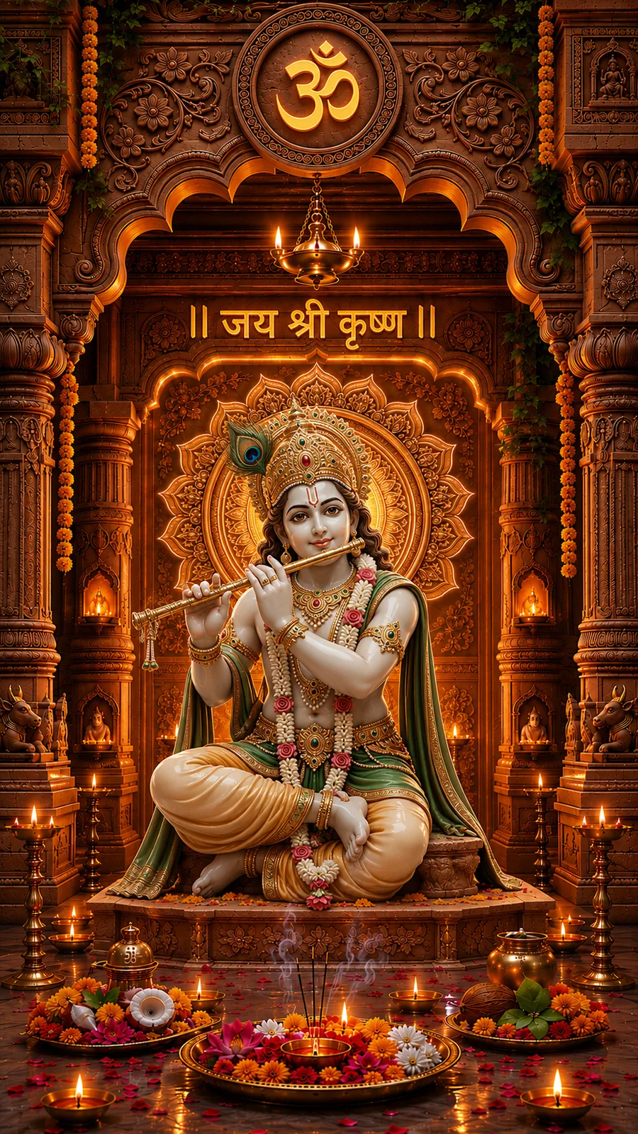 Young Lord Krishna playing flute within beautifully illuminated temple