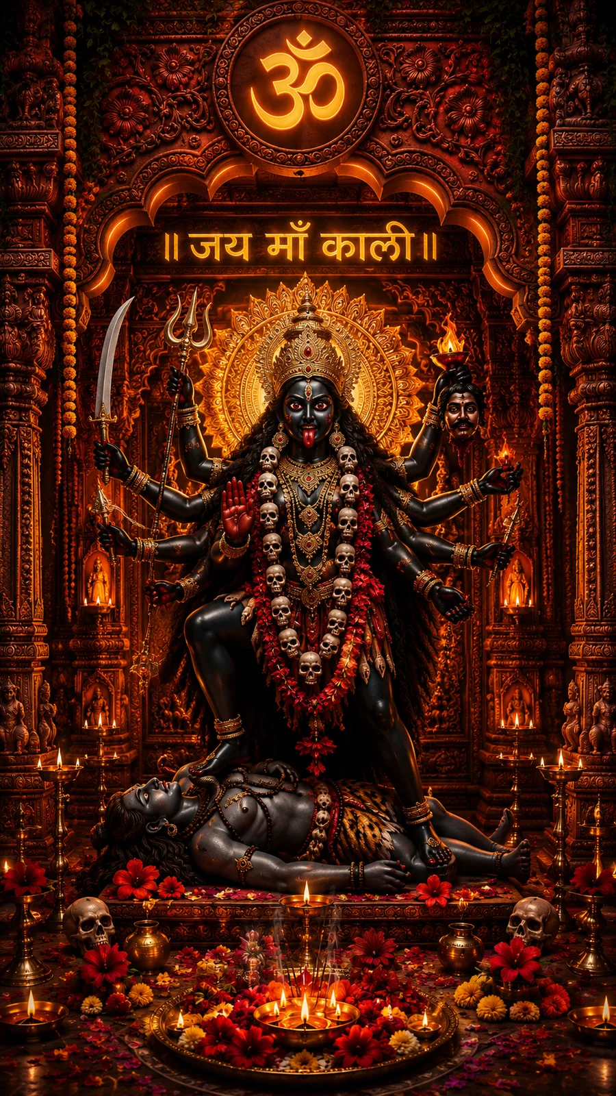 Maa Kali standing powerfully amid lamps and sacred temple surroundings