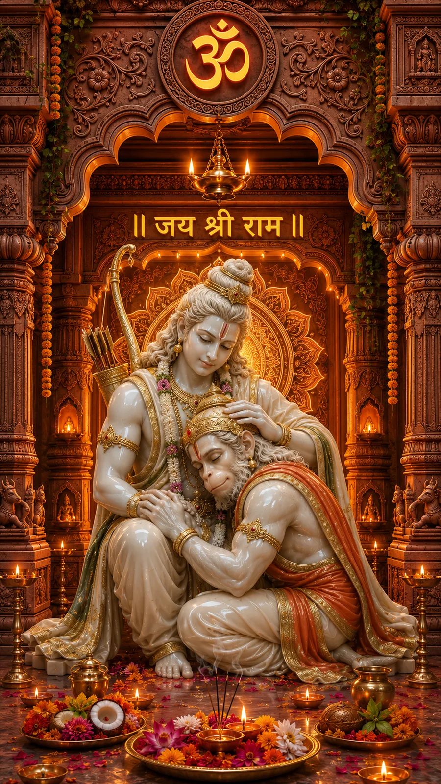 Lord Rama lovingly embracing Hanuman inside ornate temple sanctuary