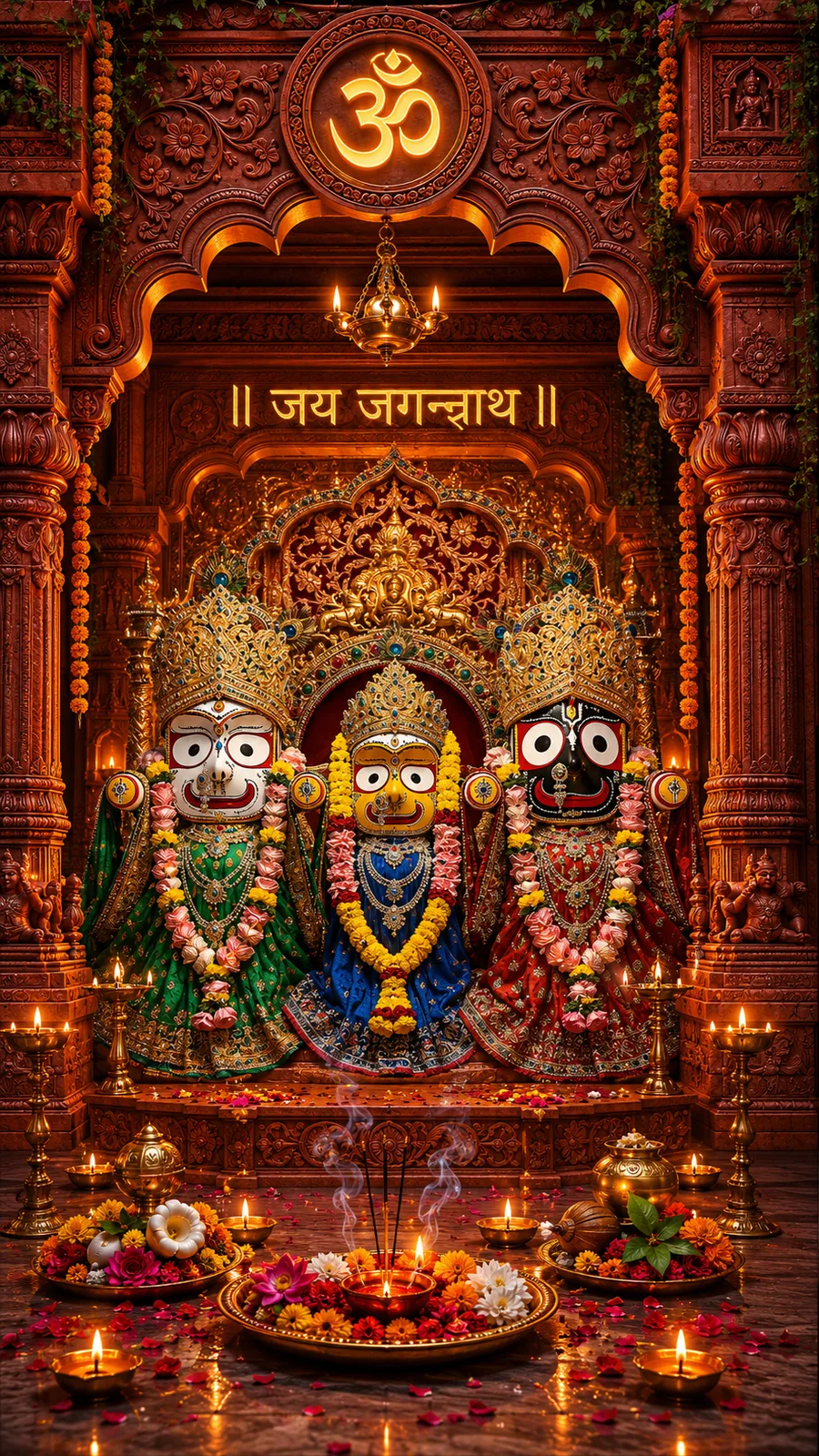 Jagannath Balabhadra Subhadra idols adorned inside sacred temple shrine