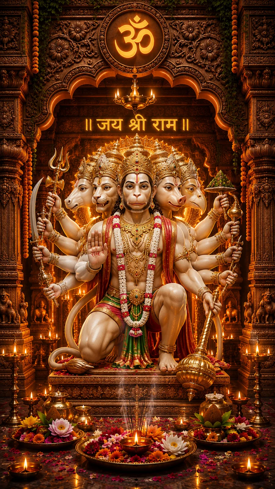 Panchmukhi Hanuman seated majestically with sacred weapons and divine aura