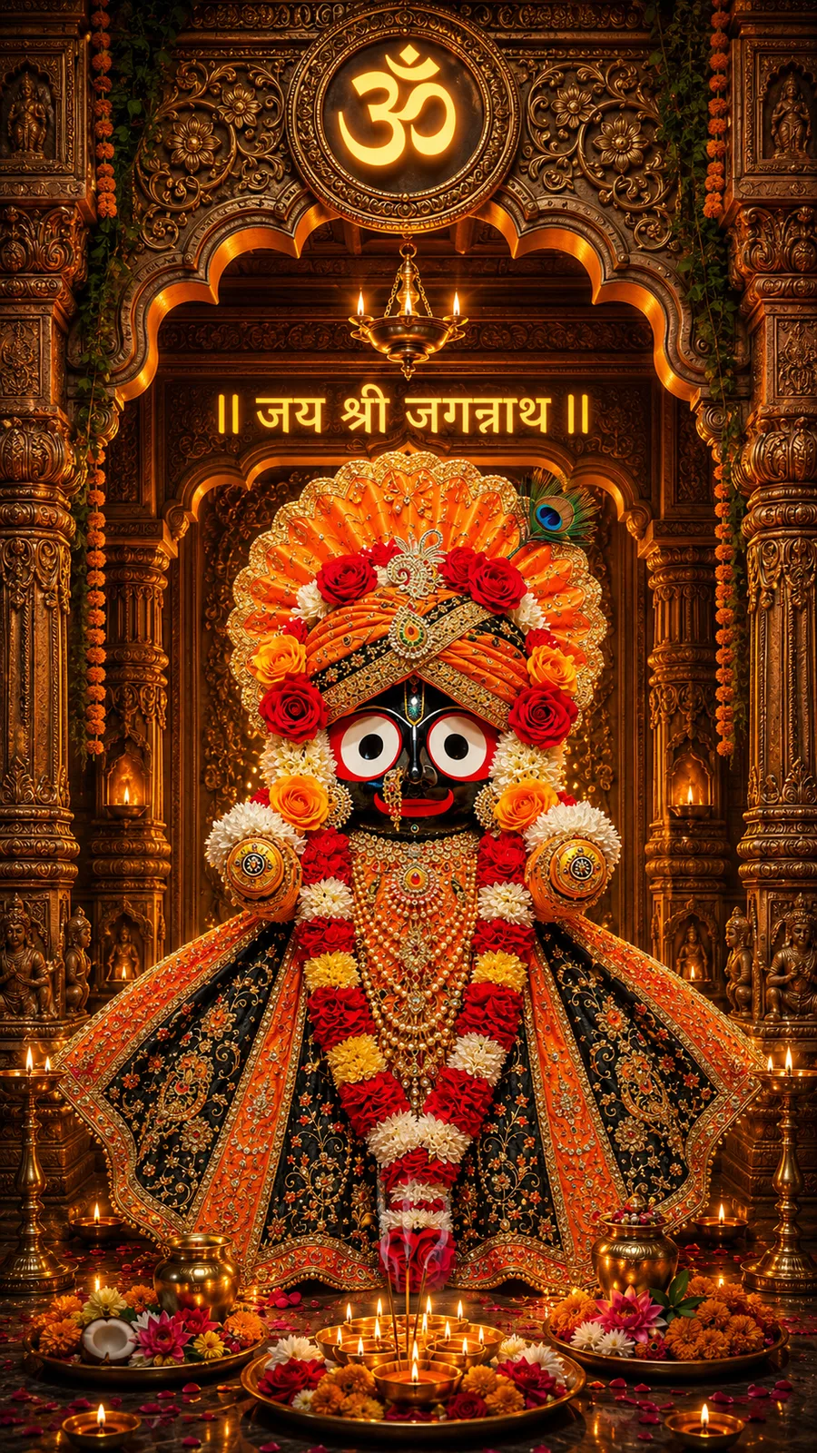 Lord Jagannath adorned with vibrant flowers and traditional ceremonial attire
