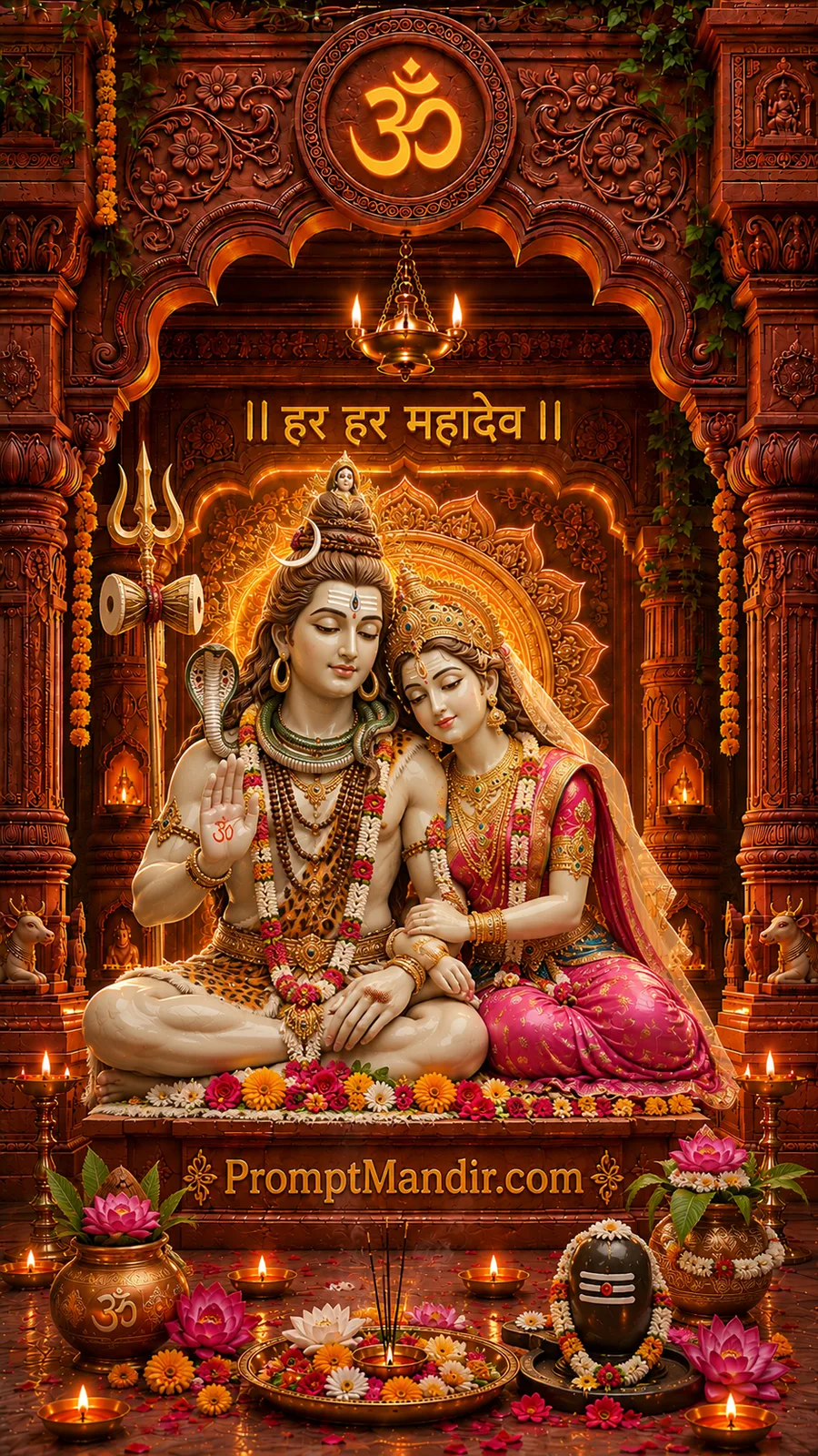Lord Shiva and Goddess Parvati seated together in an ornate temple surrounded by glowing diyas