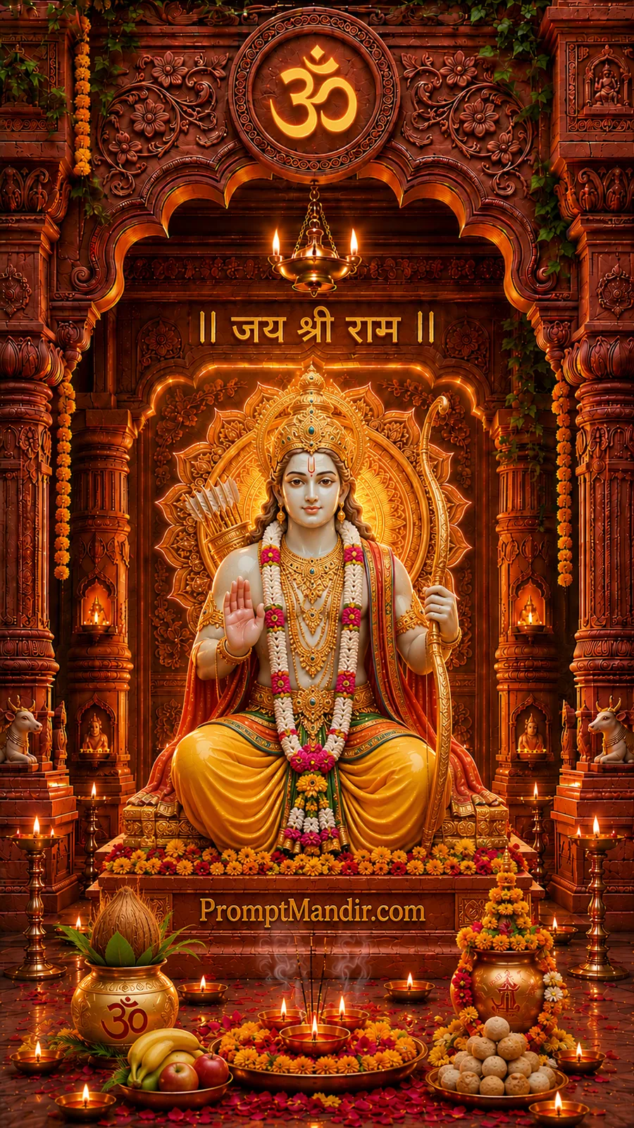 Lord Rama seated with bow and arrows inside a beautifully decorated temple filled with diyas