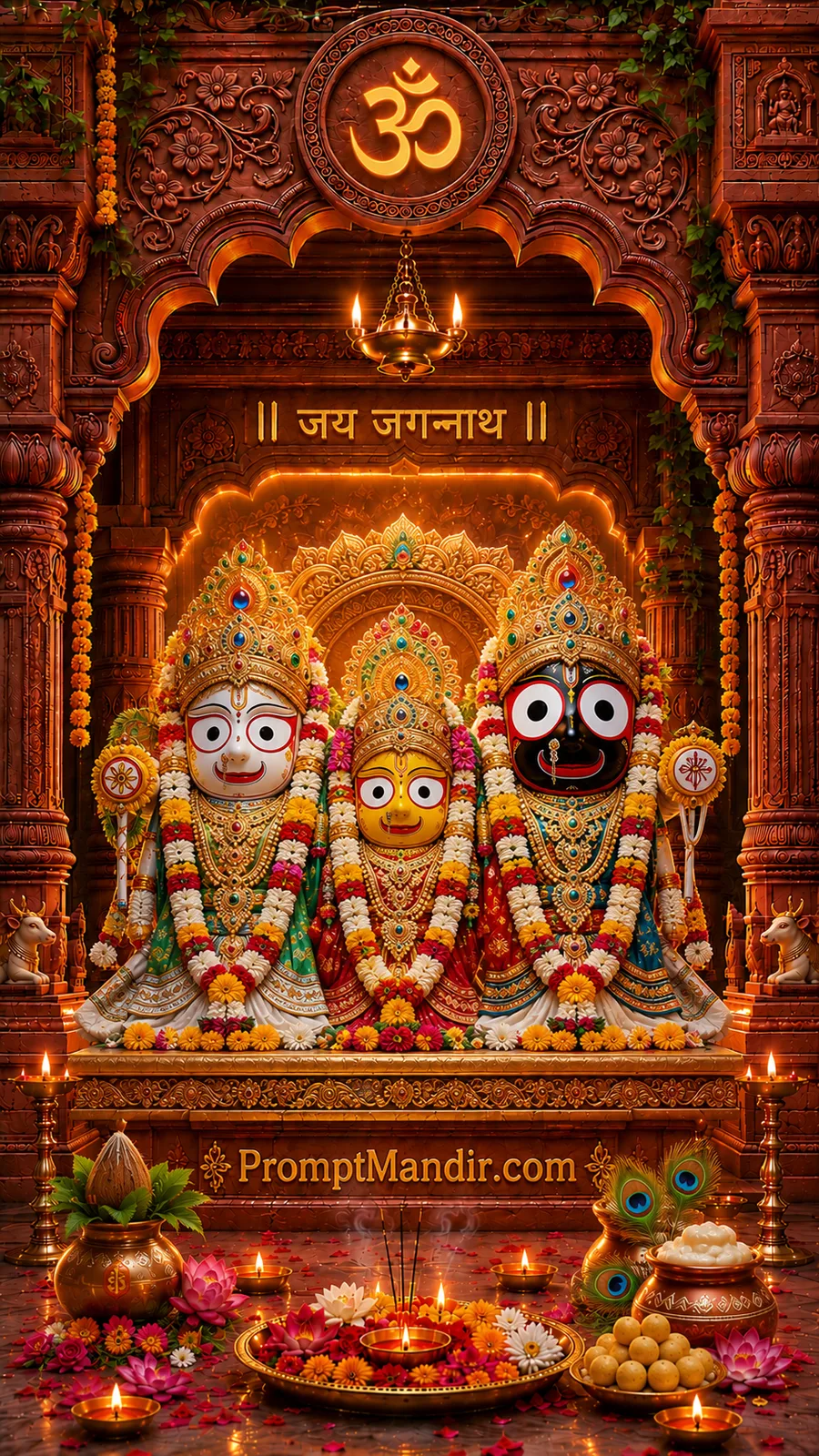 Lord Jagannath Balabhadra and Subhadra adorned with floral garlands inside a glowing temple shrine