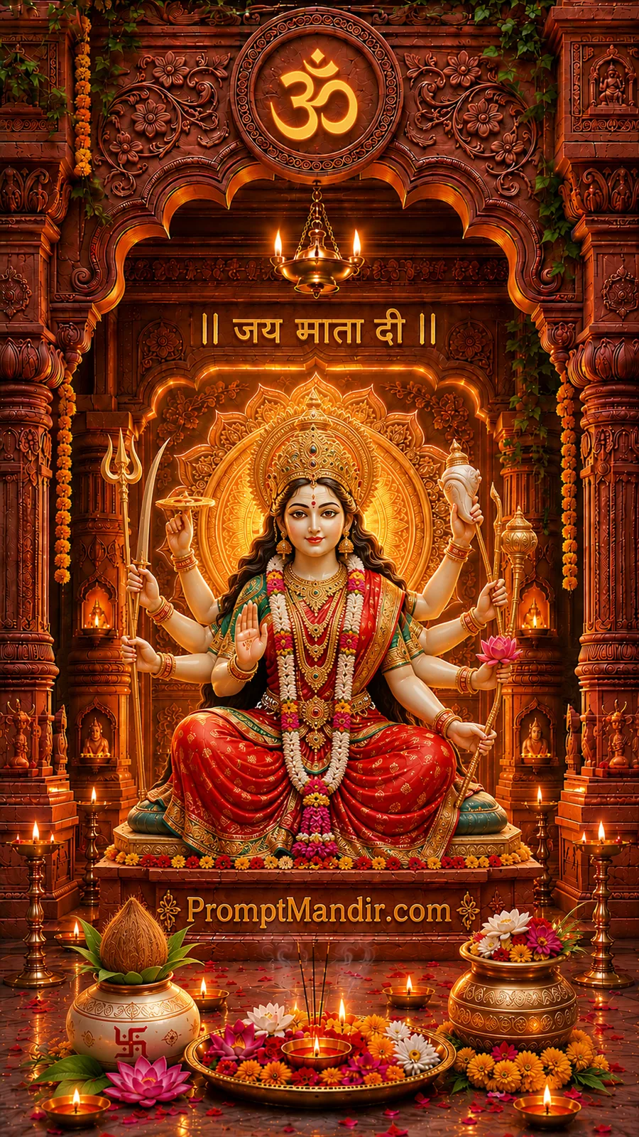 Goddess Durga seated with multiple arms holding sacred symbols inside a radiant temple shrine