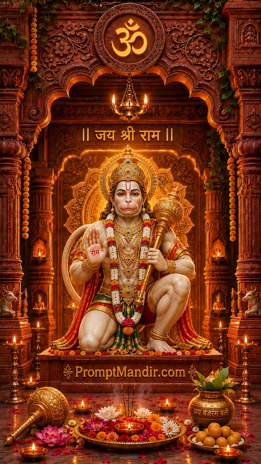 Lord Hanuman kneeling with golden mace inside a decorated temple illuminated by sacred oil lamps