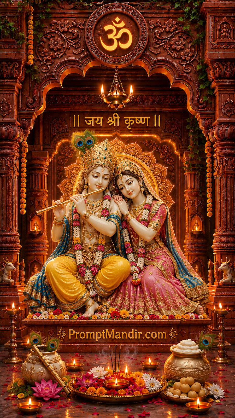 Radha and Krishna seated together playing flute inside an illuminated temple decorated with flowers