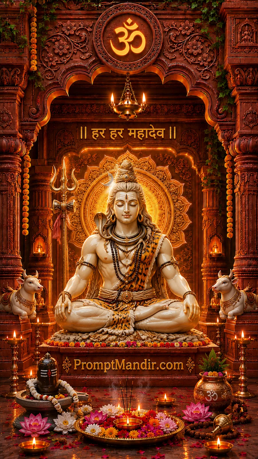 Meditating Lord Shiva seated inside an ornate temple with trident, damru and glowing diyas