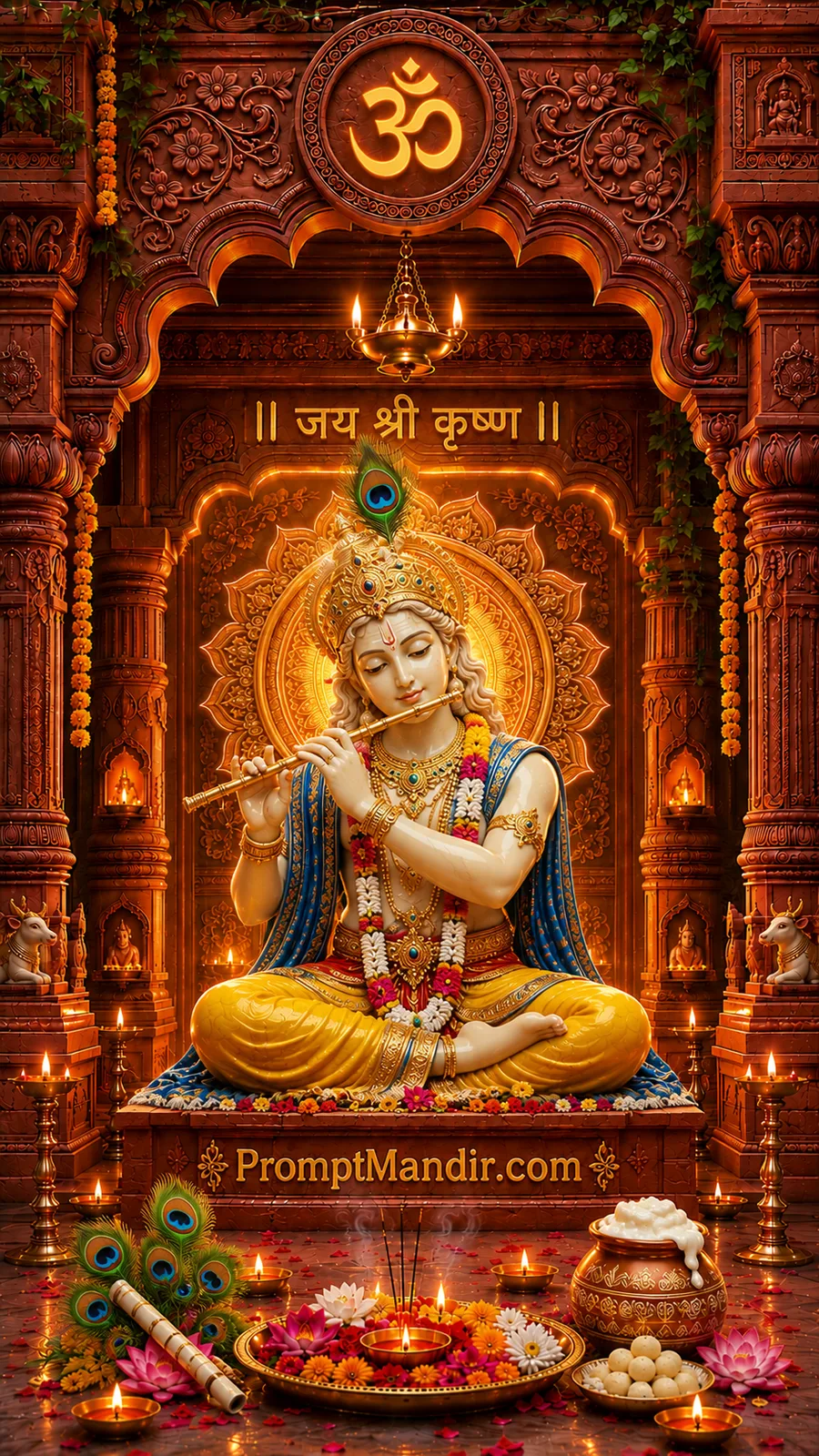 Lord Krishna playing flute while seated in a beautifully decorated temple with peacock feathers