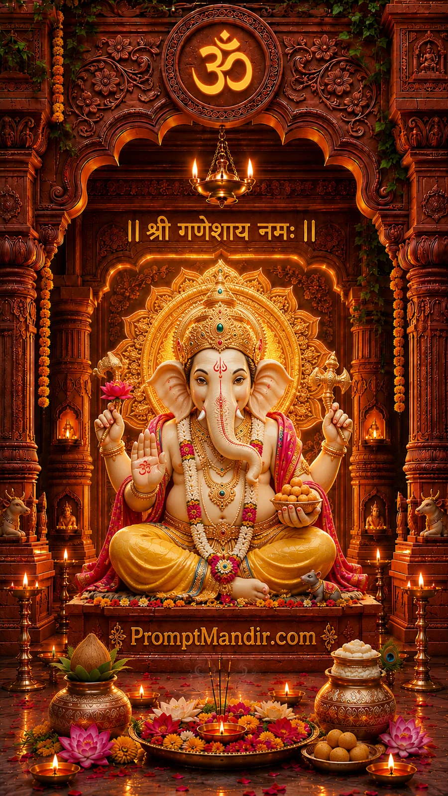 Lord Ganesha holding lotus and modaks seated inside an illuminated temple with sacred decorations