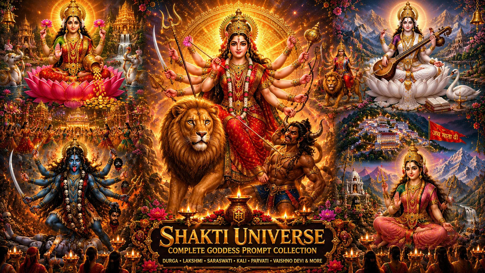 Mata Rani Prompt Divine Hindu goddesses collage featuring Durga Lakshmi Saraswati Kali and sacred celebrations