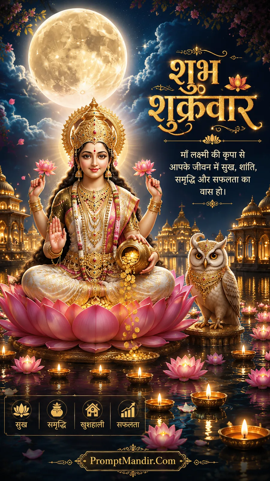 Goddess Lakshmi seated on pink lotus with owl beneath glowing full moon