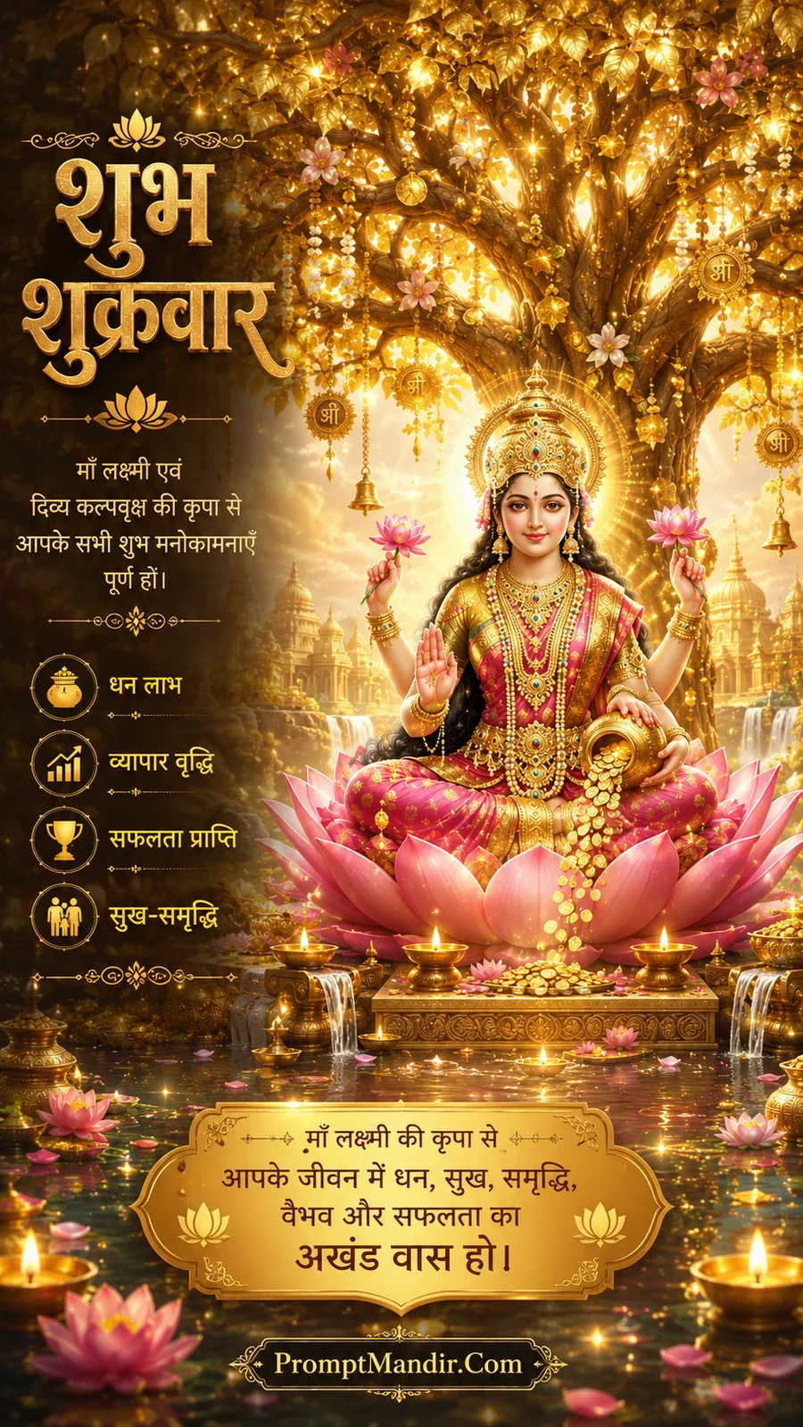 Maa Lakshmi on lotus beneath golden wish fulfilling celestial tree