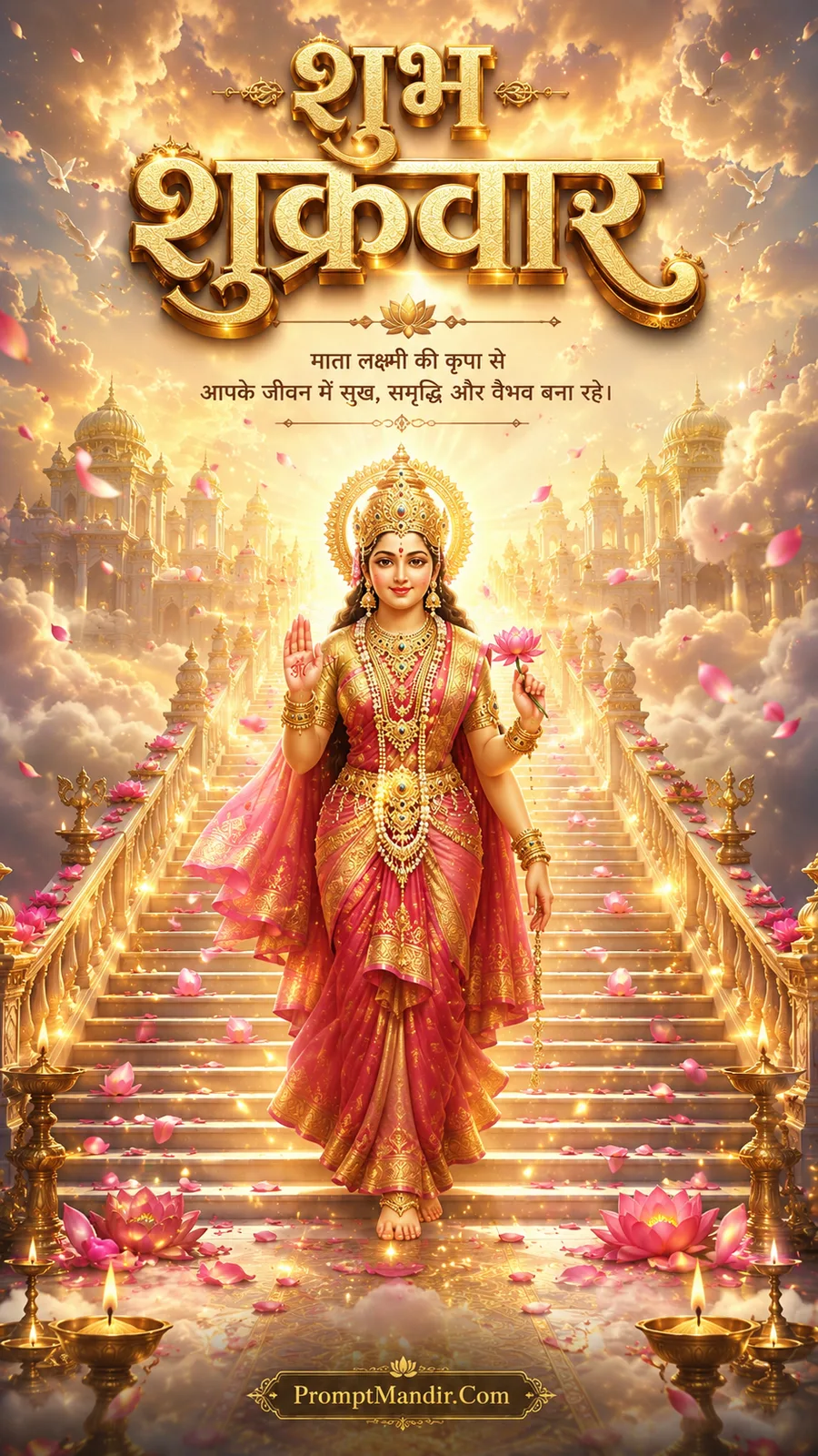 Goddess Lakshmi descending grand heavenly staircase amid glowing clouds