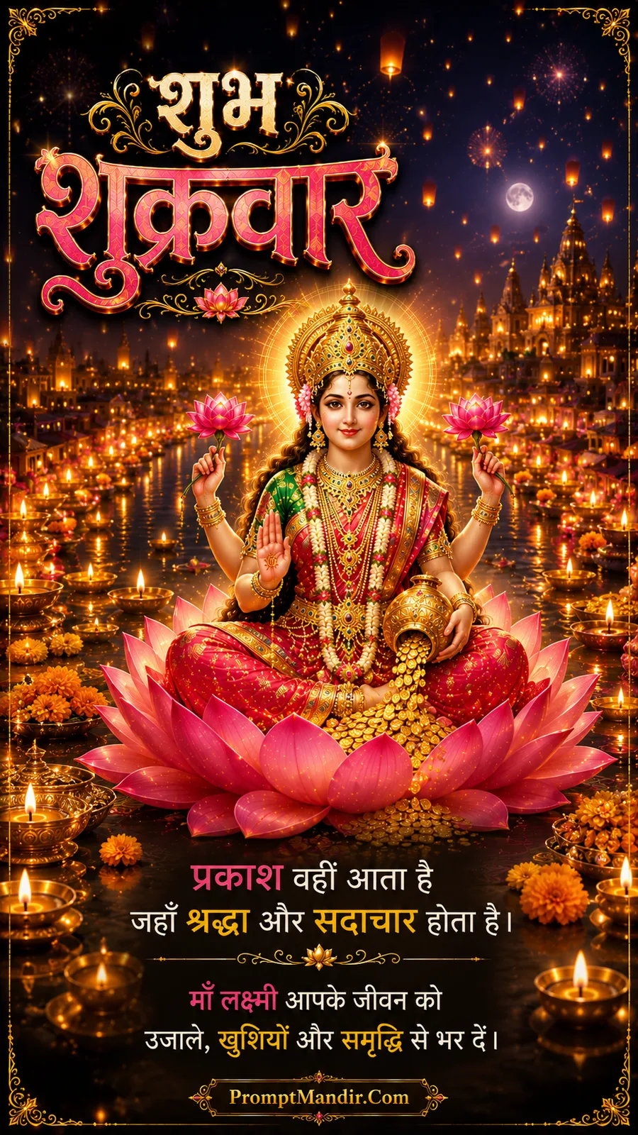 Lakshmi seated on lotus surrounded by floating lanterns and glowing diyas