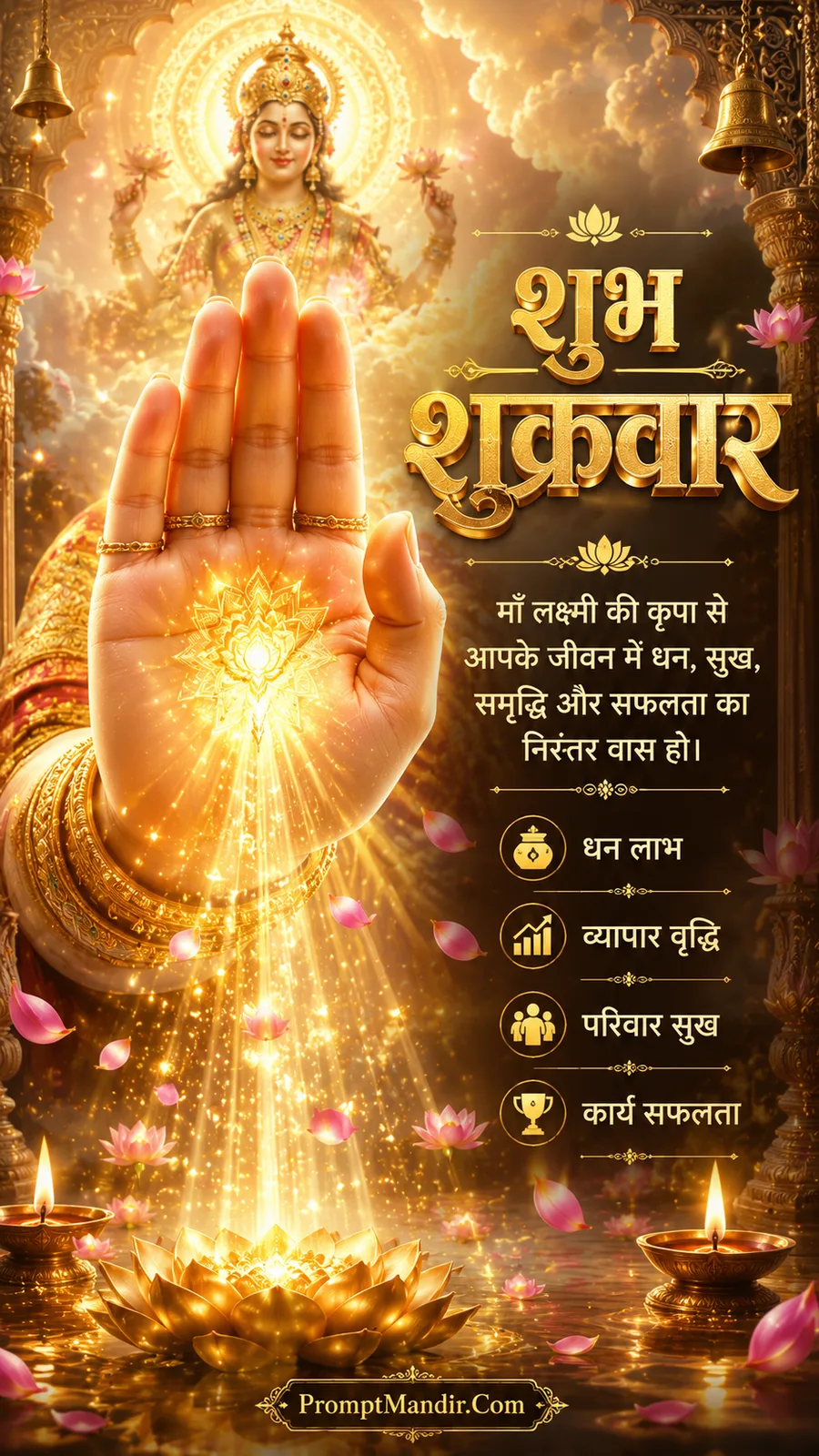 Blessing hand radiating golden light before divine Lakshmi temple background