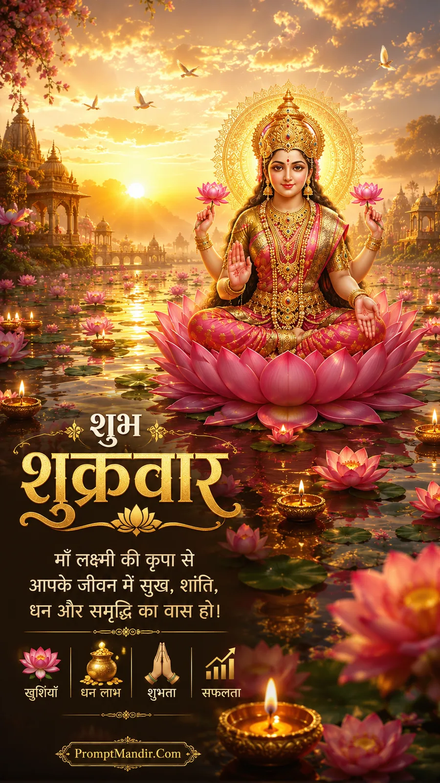 Goddess Lakshmi seated on lotus in peaceful sunrise temple lake