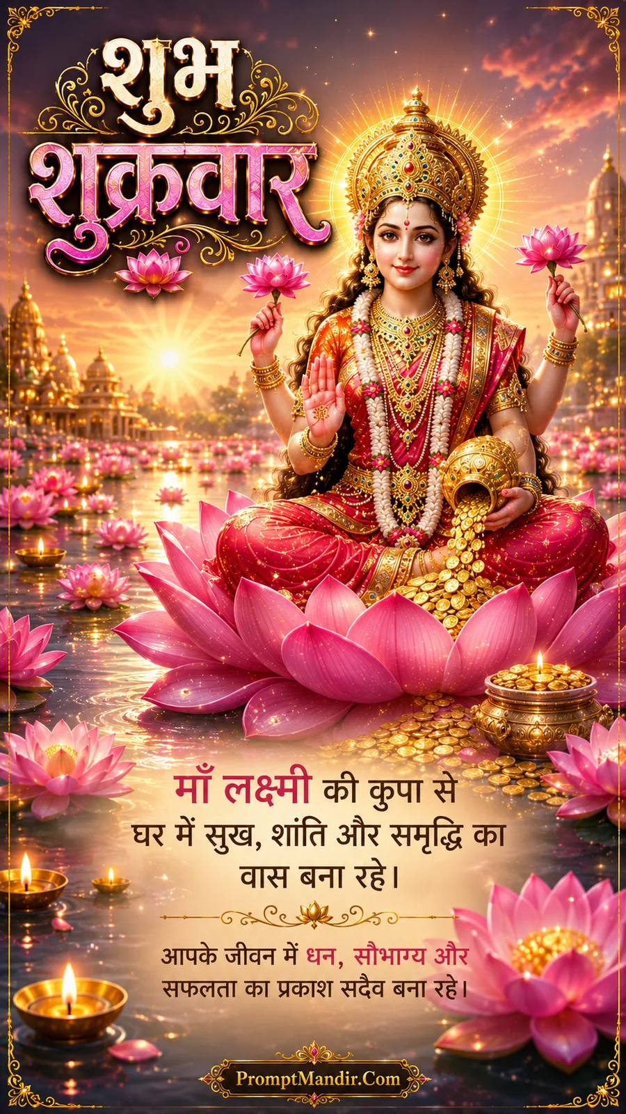 Radiant Lakshmi on lotus with golden coins beside lotus filled waters