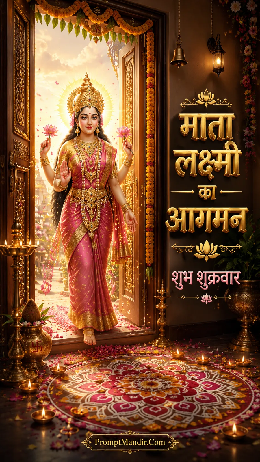 Mata Lakshmi entering decorated doorway with rangoli and glowing lamps