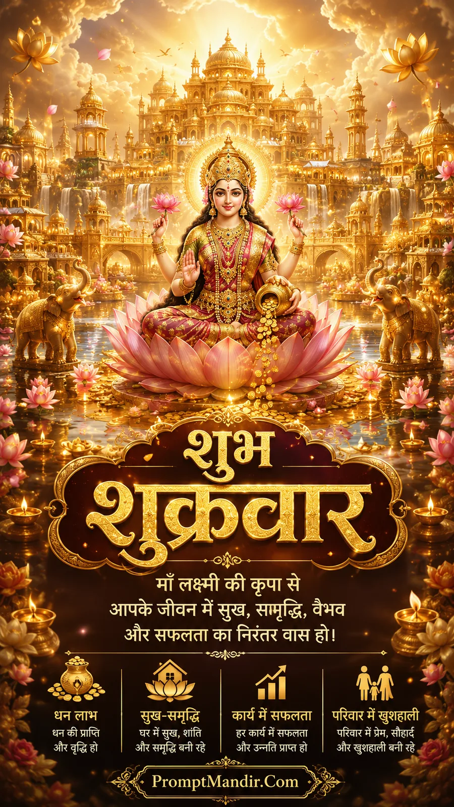 Lakshmi seated on lotus before magnificent golden palace with elephants