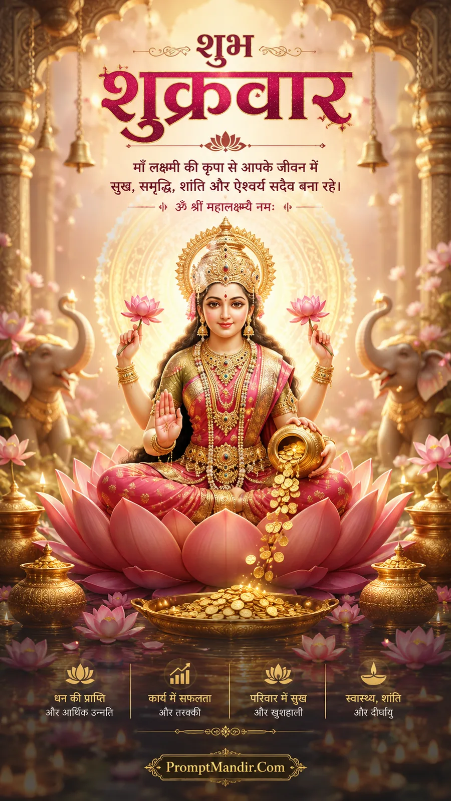 Lakshmi seated on lotus with elephants amid soft golden temple glow