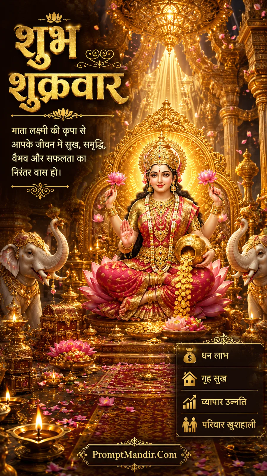 Lakshmi seated on royal throne with elephants and treasure chests