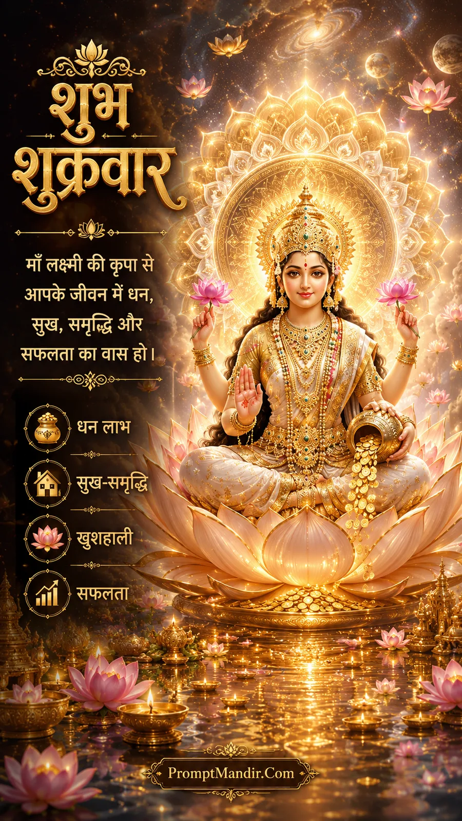 Celestial Lakshmi seated on glowing lotus beneath cosmic divine mandala