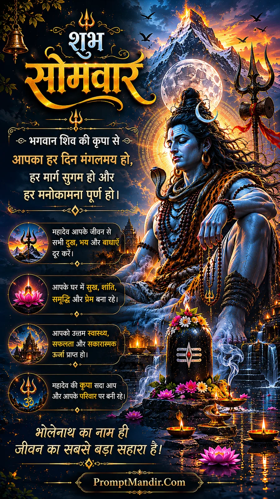 Meditating Lord Shiva beside Shivling under moonlit mountain landscape