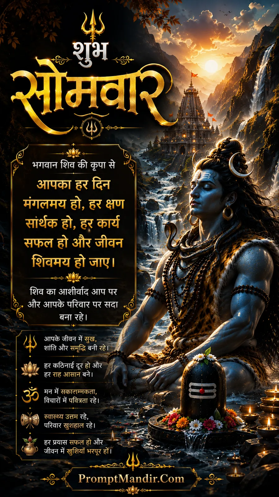 Lord Shiva meditating near temple valley and cascading waterfalls at sunrise