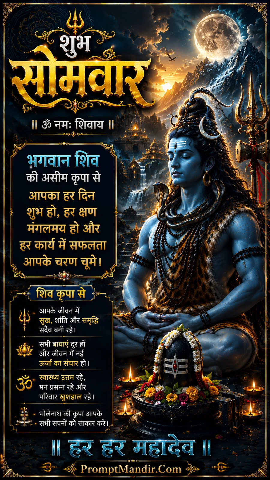 Meditative Lord Shiva beside sacred Shivling under full moon sky
