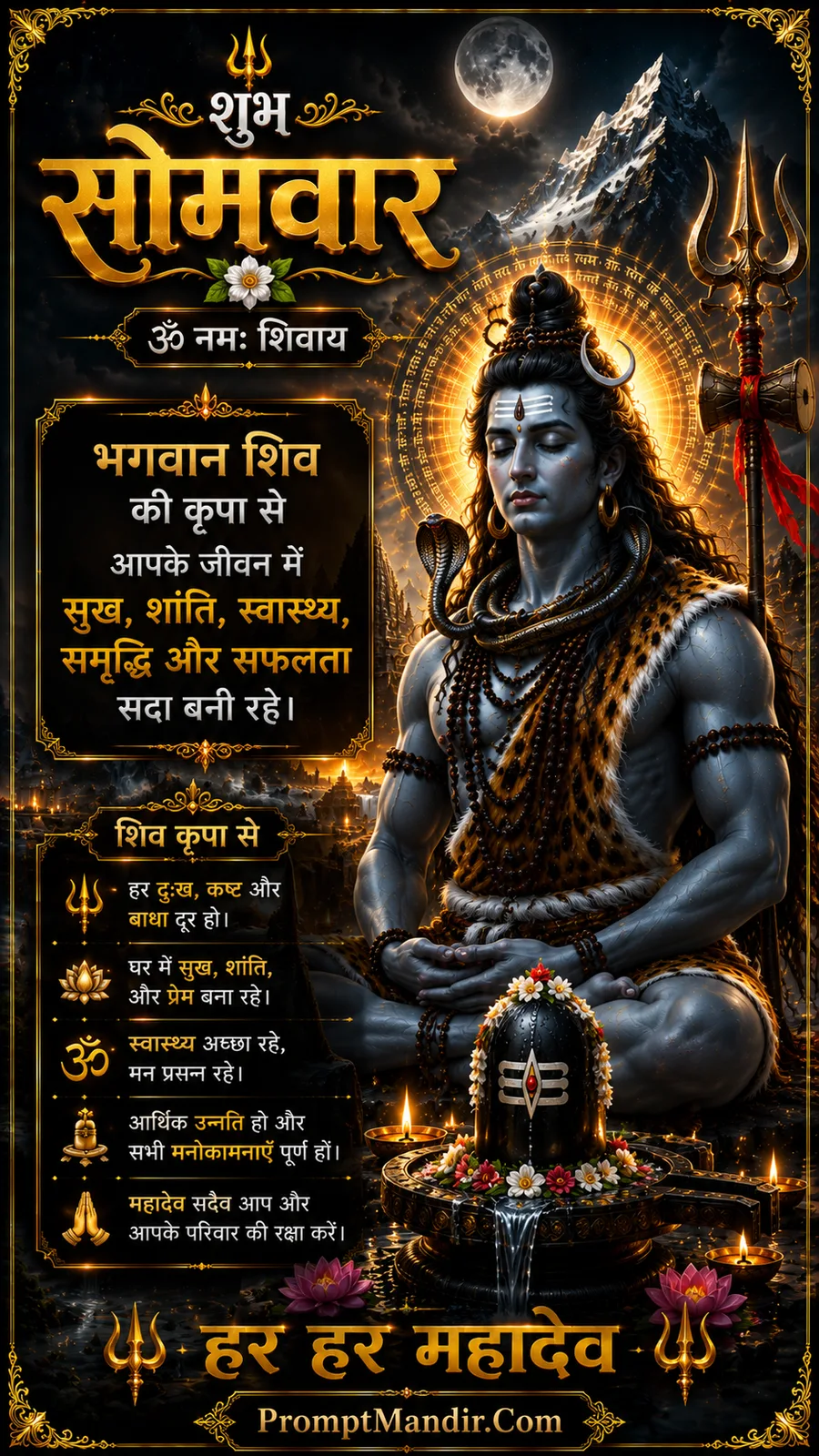 Lord Shiva in meditation with radiant halo and mountain backdrop