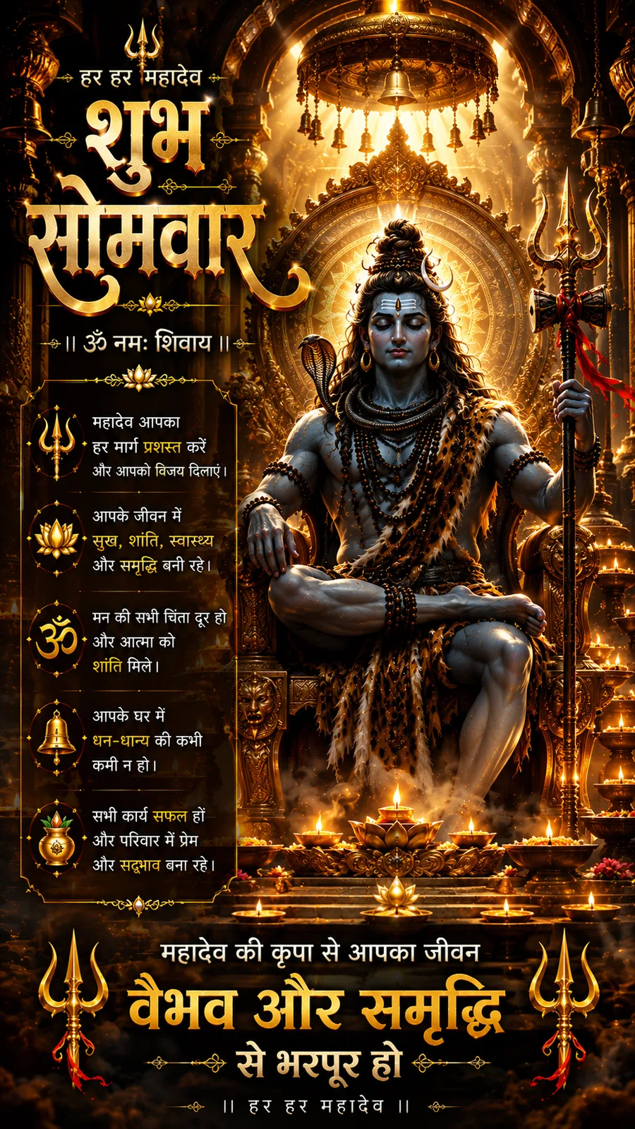 Lord Shiva seated on golden throne inside illuminated temple hall