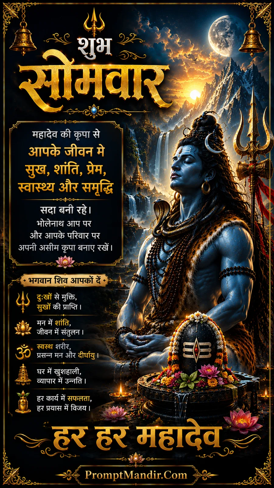 Lord Shiva meditating near floral Shivling and mountain waterfalls