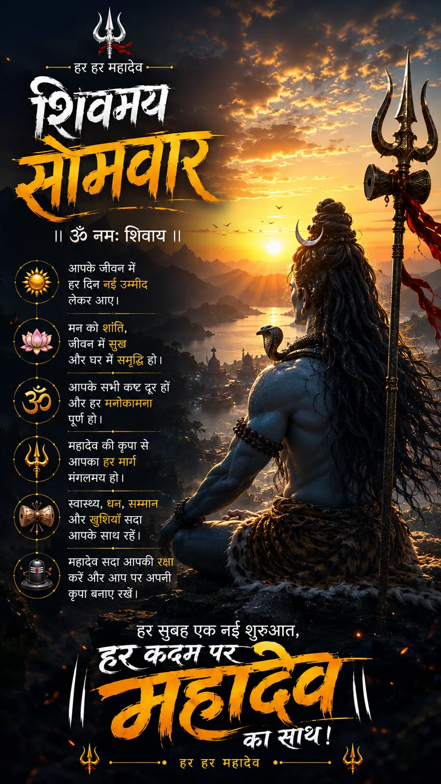 Lord Shiva overlooking sacred valley during glowing sunrise horizon