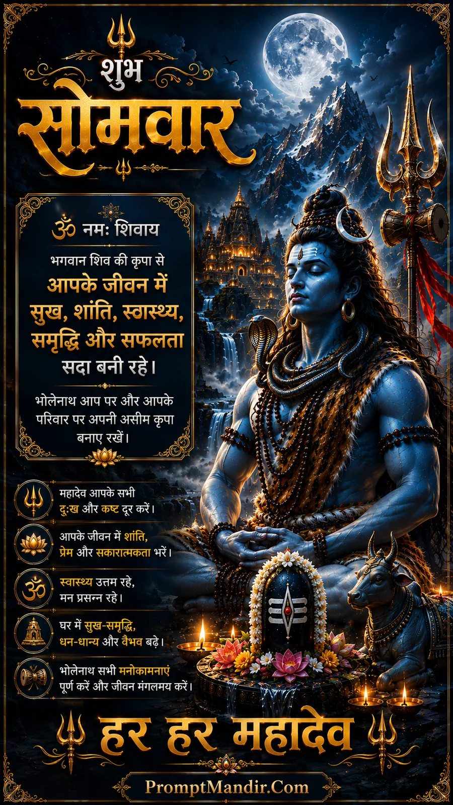 Meditating Lord Shiva with Nandi and moonlit temple landscape