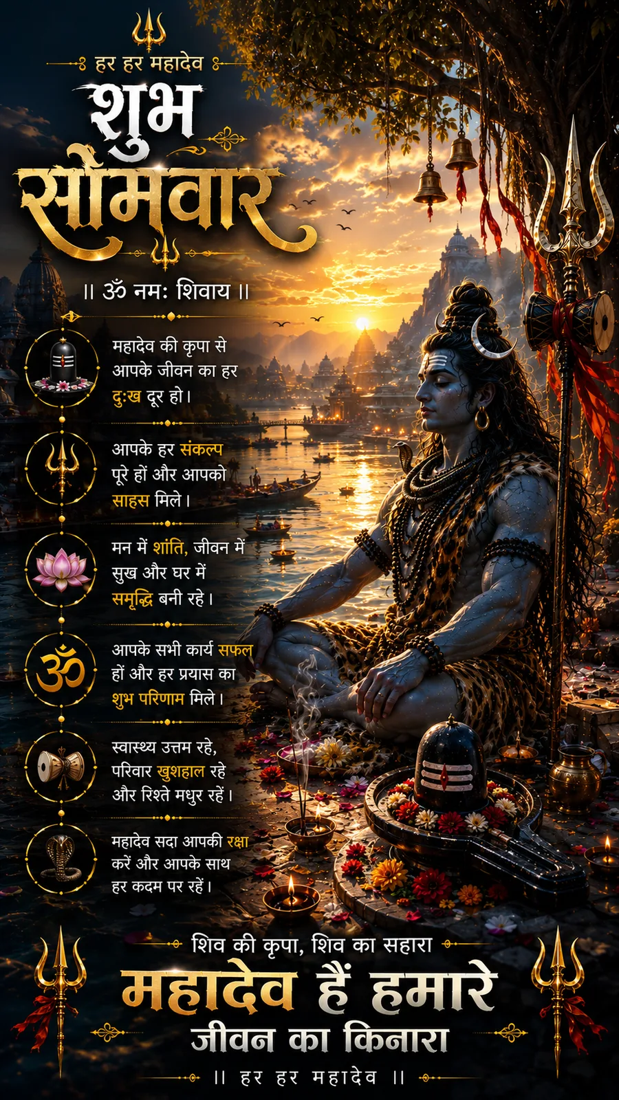 Meditating Lord Shiva beside riverfront temples during golden sunset