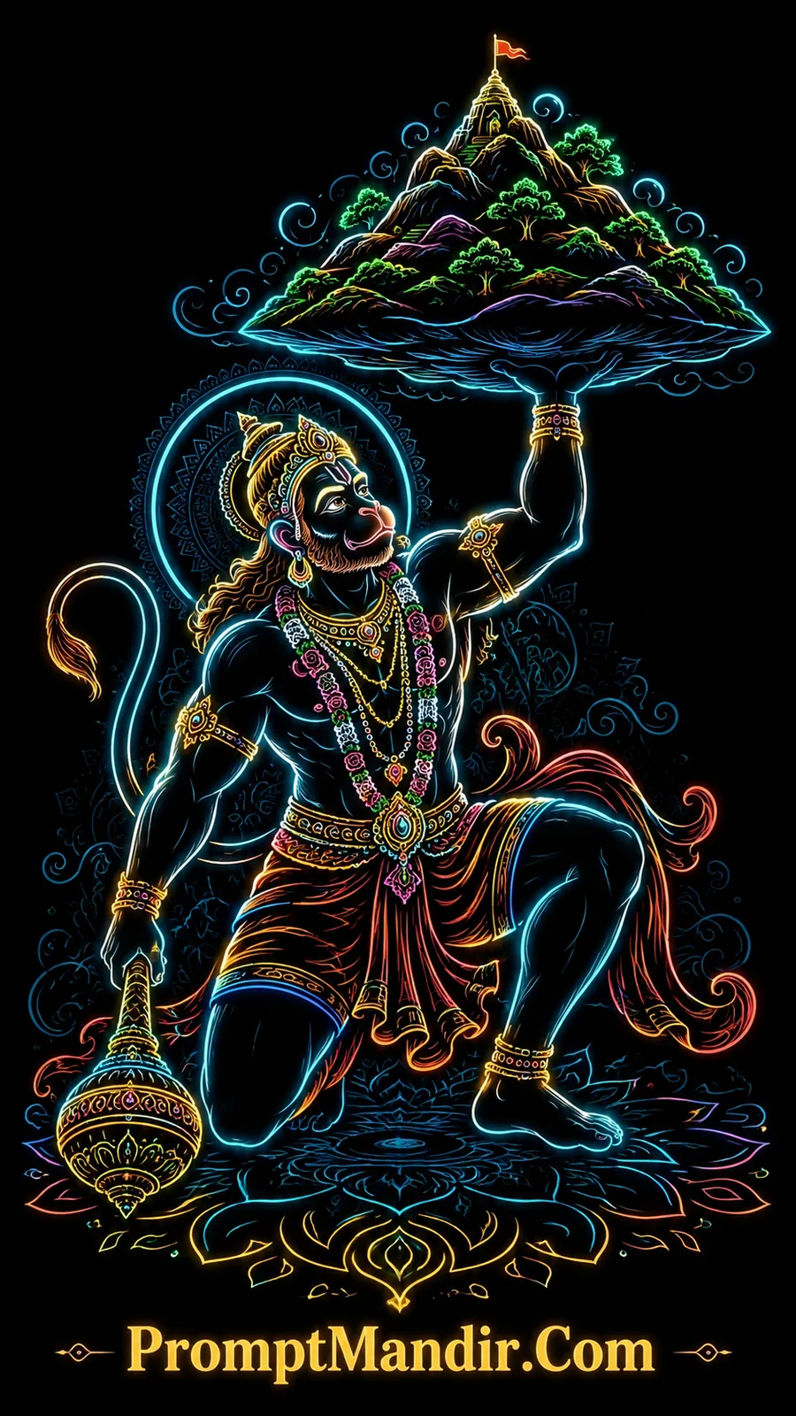 Lord Hanuman lifting sacred mountain with mace in glowing neon artwork
