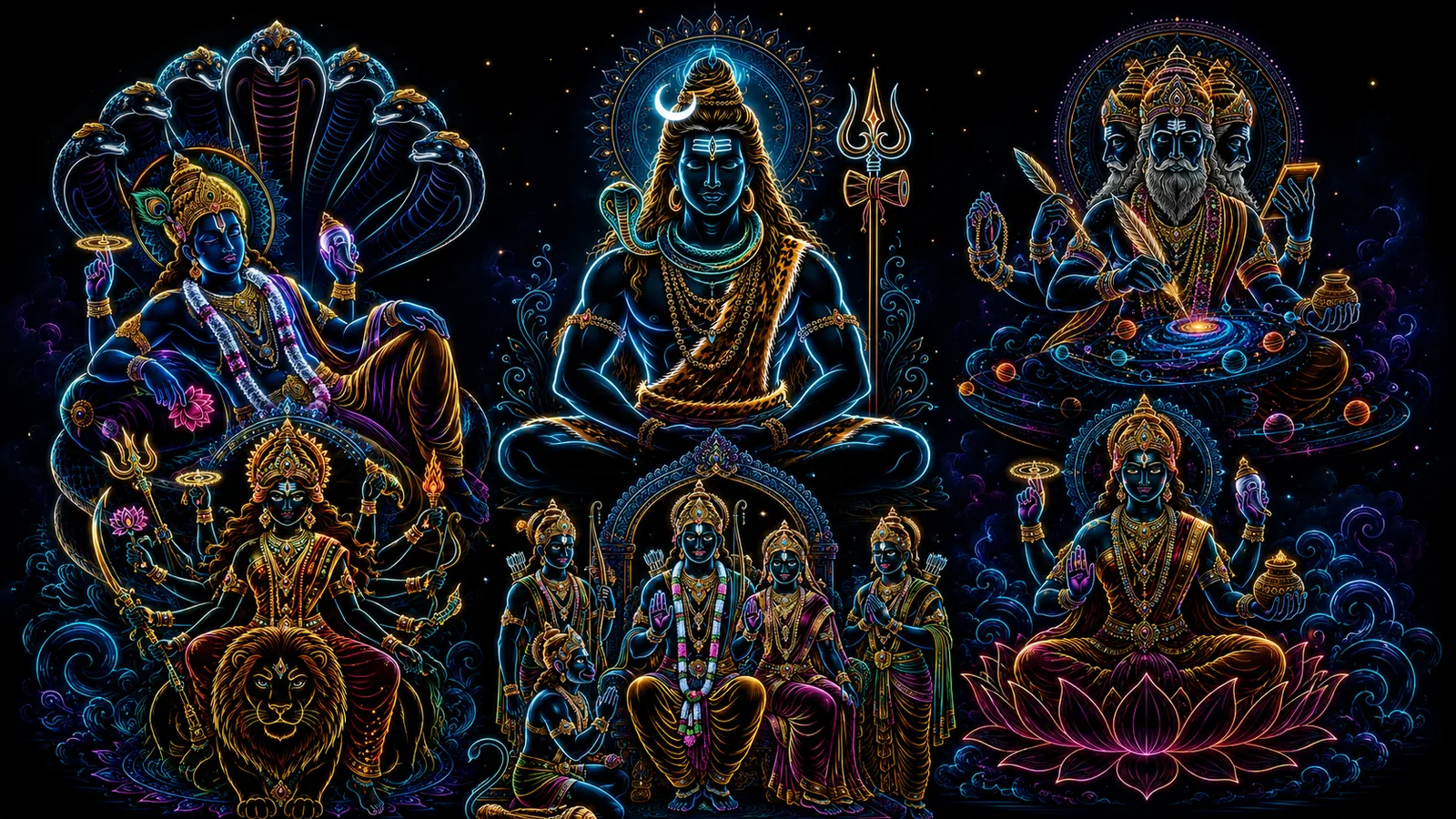 Deity Neon Meditation Neon style Hindu deities artwork featuring Shiva Vishnu Durga Lakshmi and Rama