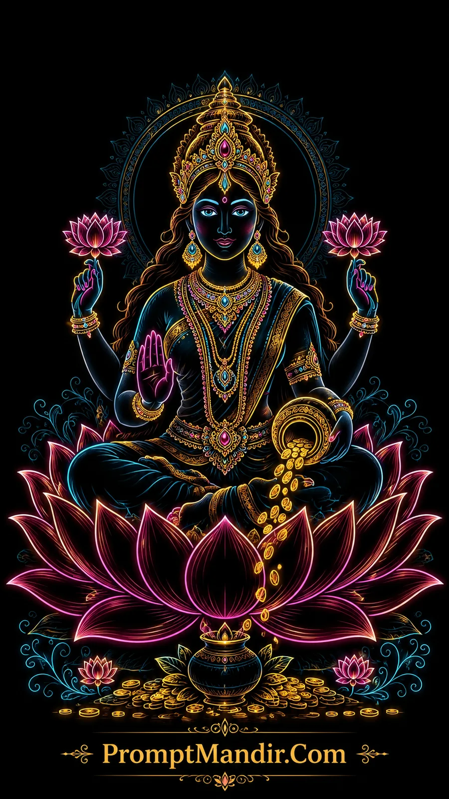 Goddess Lakshmi seated on lotus with flowing gold coins and lotuses