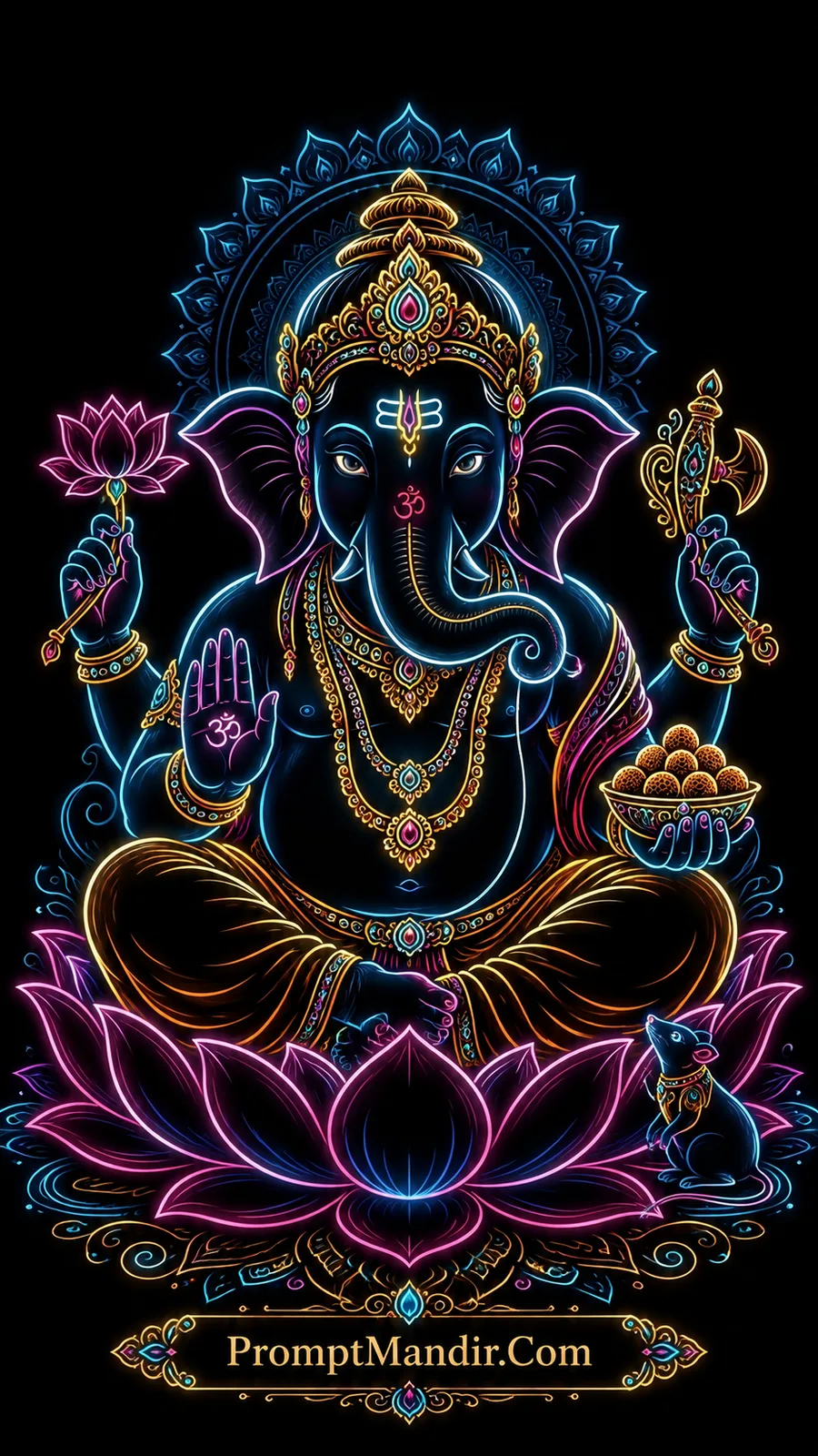 Lord Ganesha seated on lotus holding modaks and sacred symbols