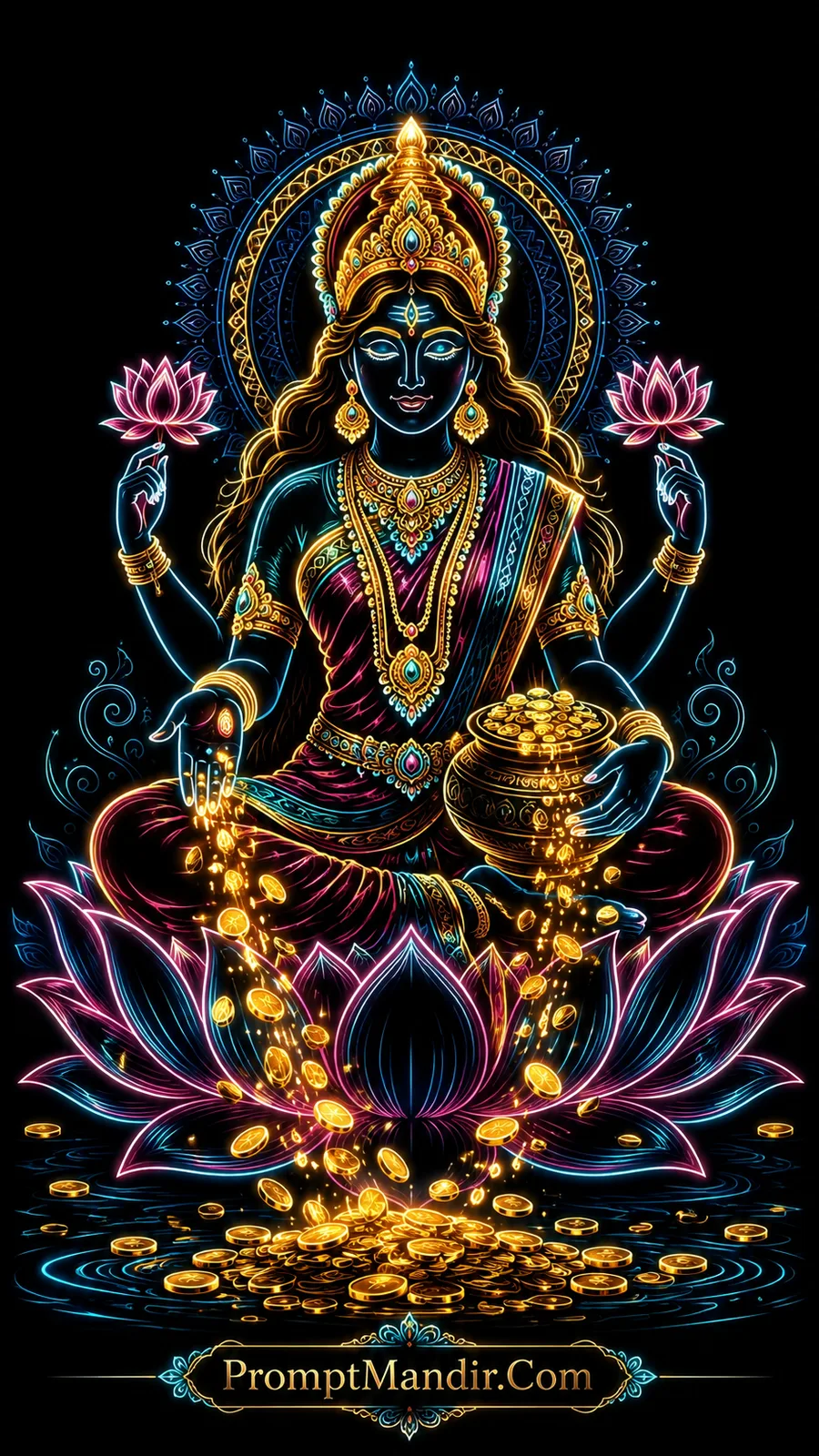 Goddess Lakshmi showering golden coins while seated on lotus flower